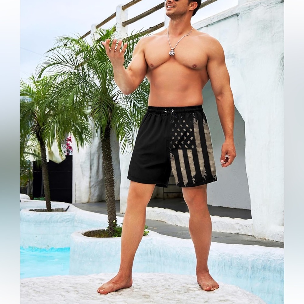 Mens Swim Trunks American Flag Board Shorts Swimwear with Mesh Lining